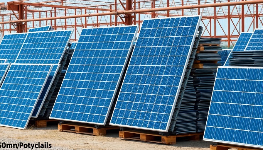 Stacks of solar panels ready for recycling at an industrial site.