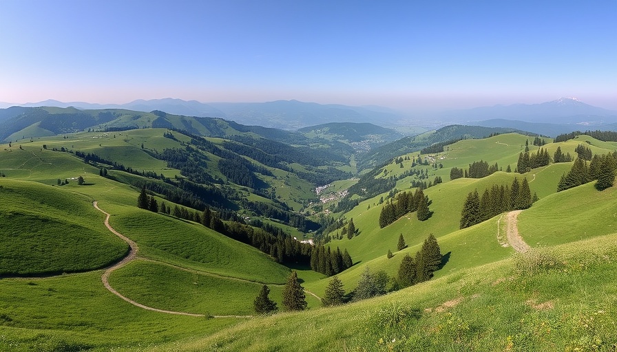 Scenic view of Val di Gresta's green hills and hiking trails.