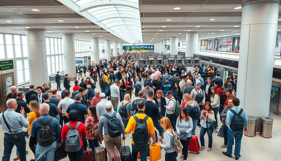 Crowded airport security area highlighting infrastructure challenges affecting tourism.
