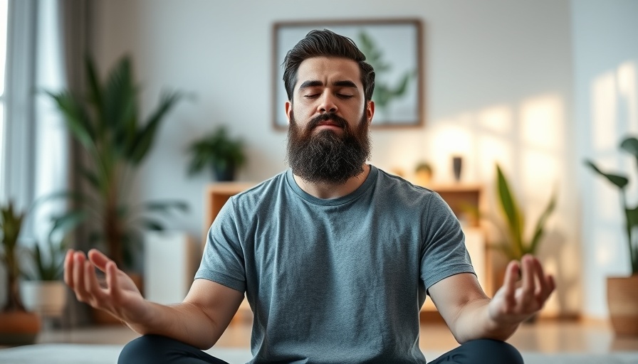 Calm man meditating in a modern room for virtual training program meaning.