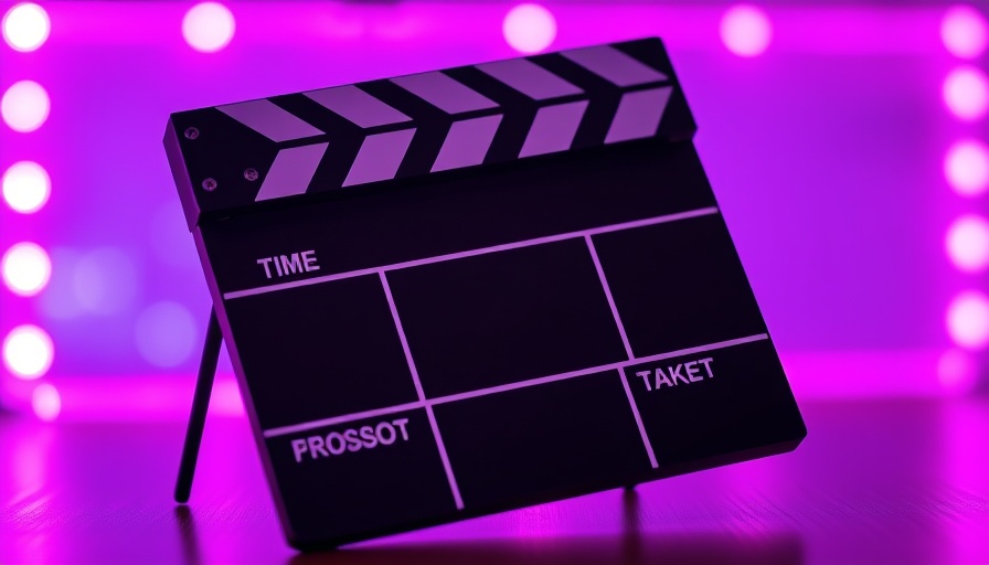AI in filmmaking concept with neon-lit clapperboard.