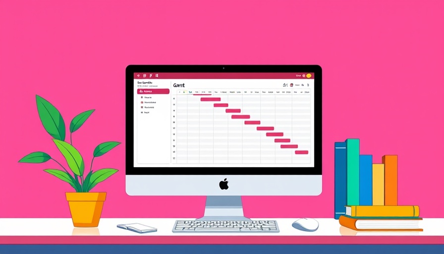 Colorful Gantt chart software on a computer, modern workspace.