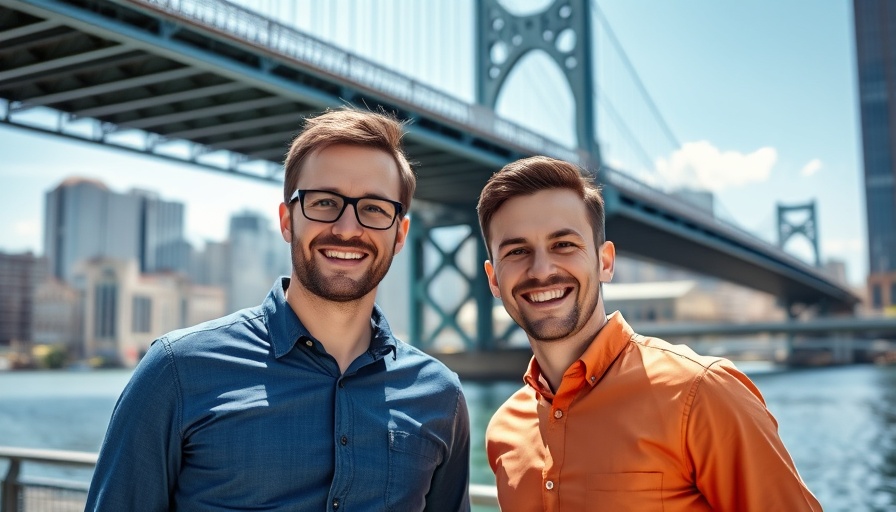 Two men smiling near a bridge in a cityscape, kitchen side hustle success