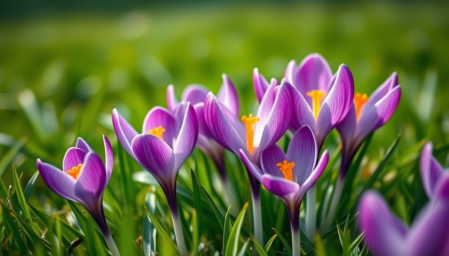 Purple crocus flowers on lush green lawn.