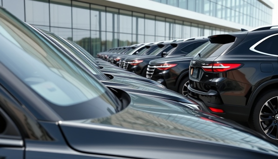 Line of black luxury SUVs reflecting modern architecture, European Auto Exporters Tariffs.