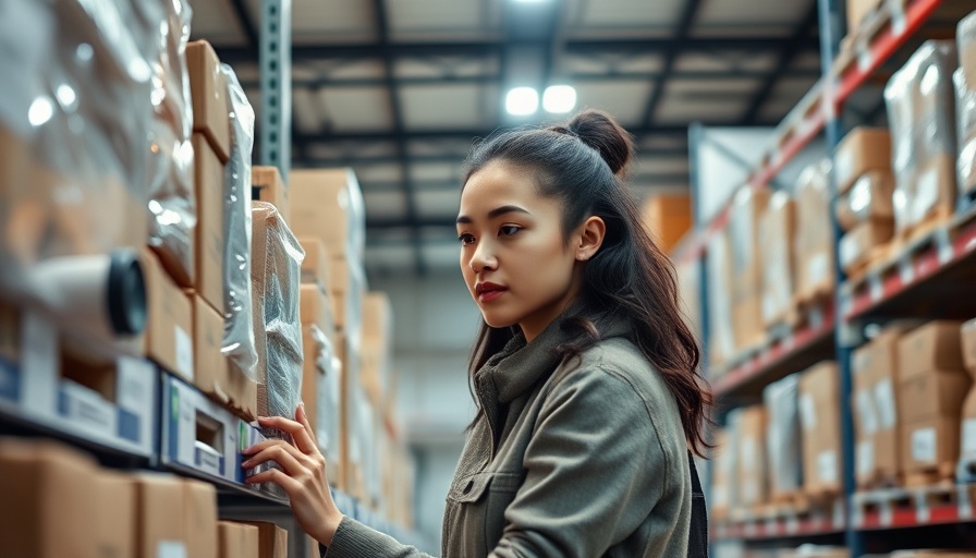 Focused woman managing warehouse packages for dynamic interchange B2B payments.