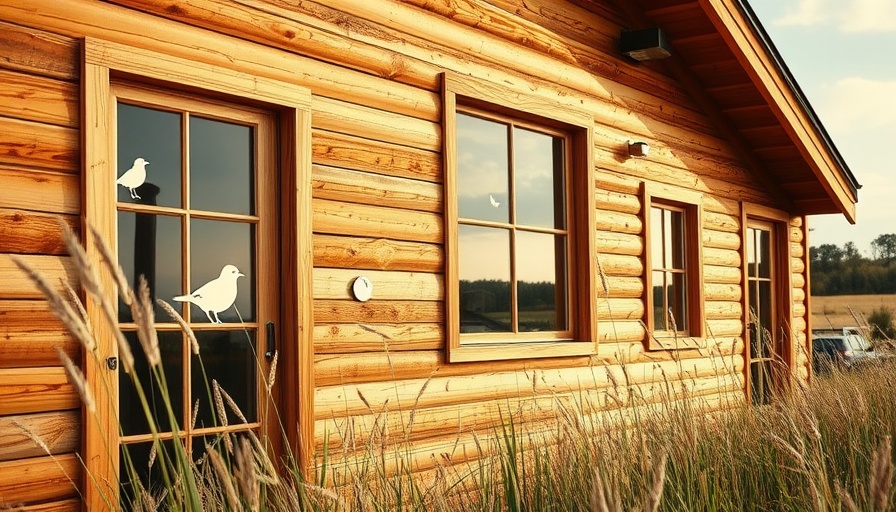 Wood-paneled sustainable home design with bird decals.