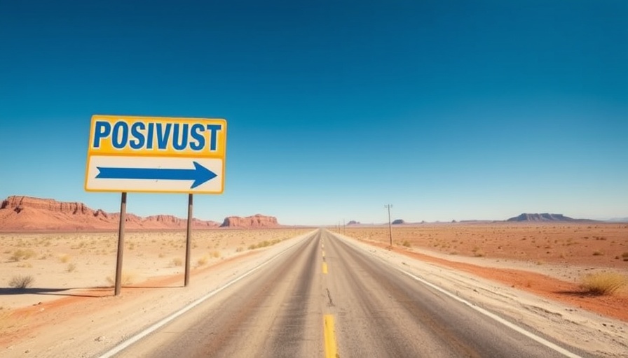 Vibrant positivity sign with arrow guiding down a desert road, symbolizing positive workplace mindset for small business owners.