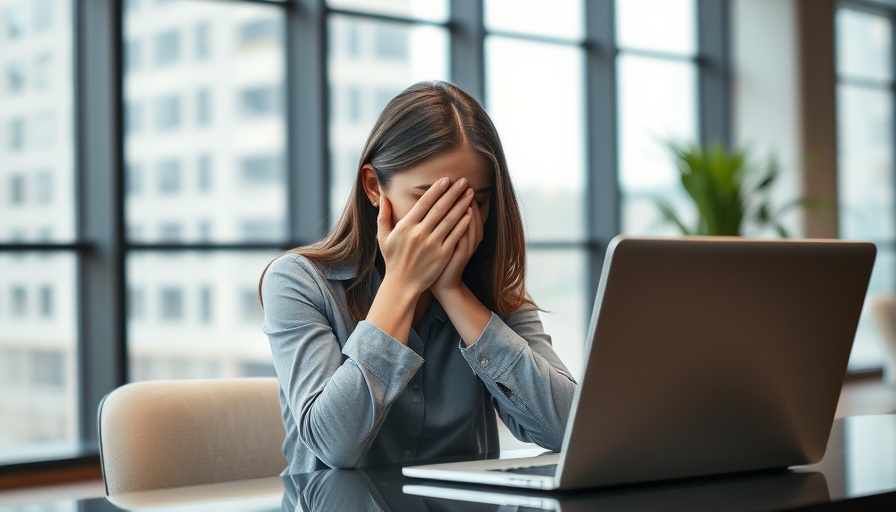 Stressed woman at laptop, showing quiet firing signs, in an office.