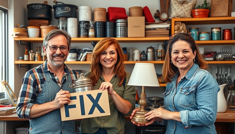Smiling individuals at Repair Café in Cary with repaired lamp.