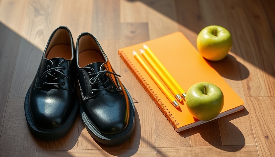 School shoes with notebook and apple on wooden floor.