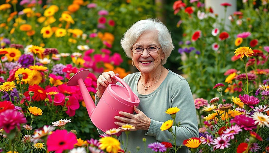 Older woman practicing eco-friendly gardening with flowers