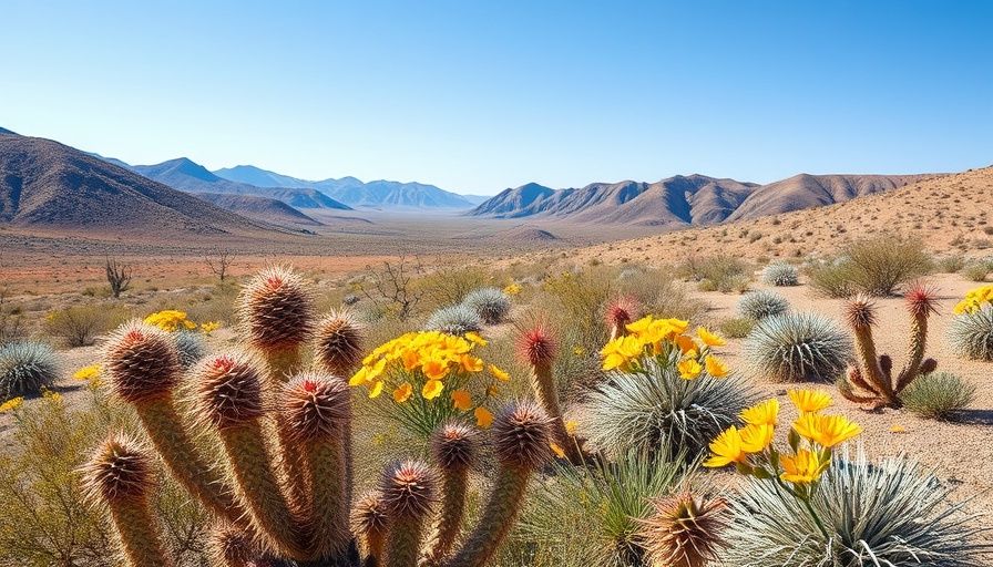 Arid landscape with desert plants and hills, sunny weather.