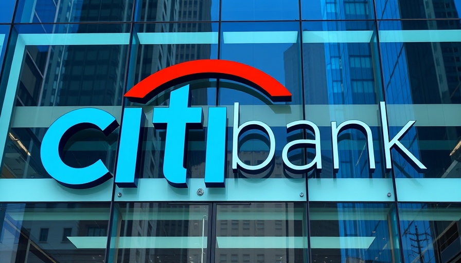 Citibank logo on building facade, sleek design, stablecoin-powered payments concept.