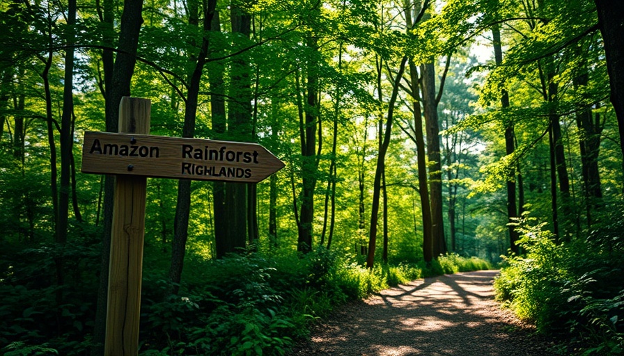Path through lush forest with travel signpost directing to exotic locations.