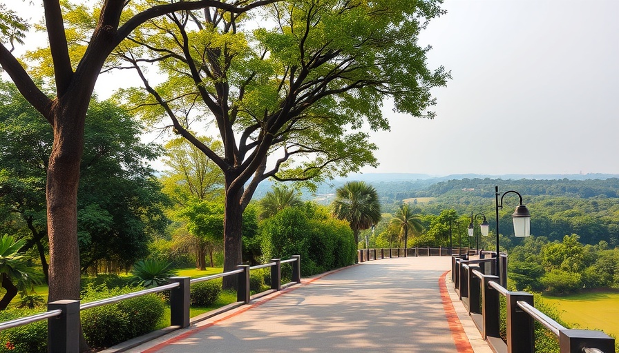 Tree-lined path with a scenic view promoting sustainable tourism.