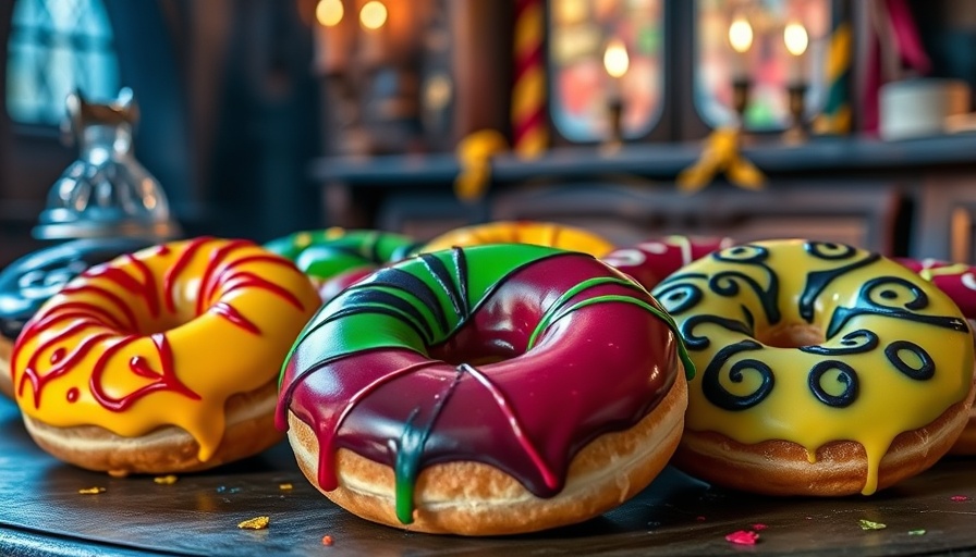Colorful Harry Potter doughnuts, Hogwarts house themed.