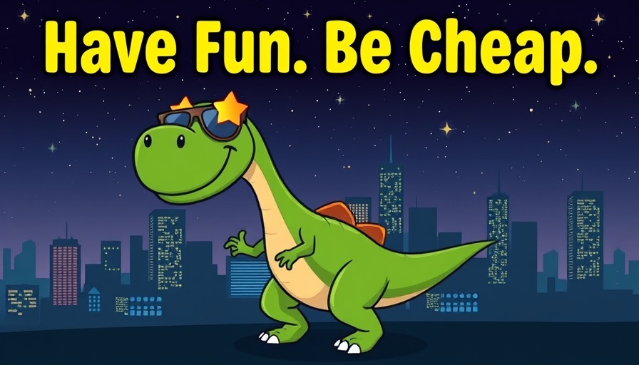 Cartoon dinosaur with city skyline promoting Beer and Hymns Gathering.