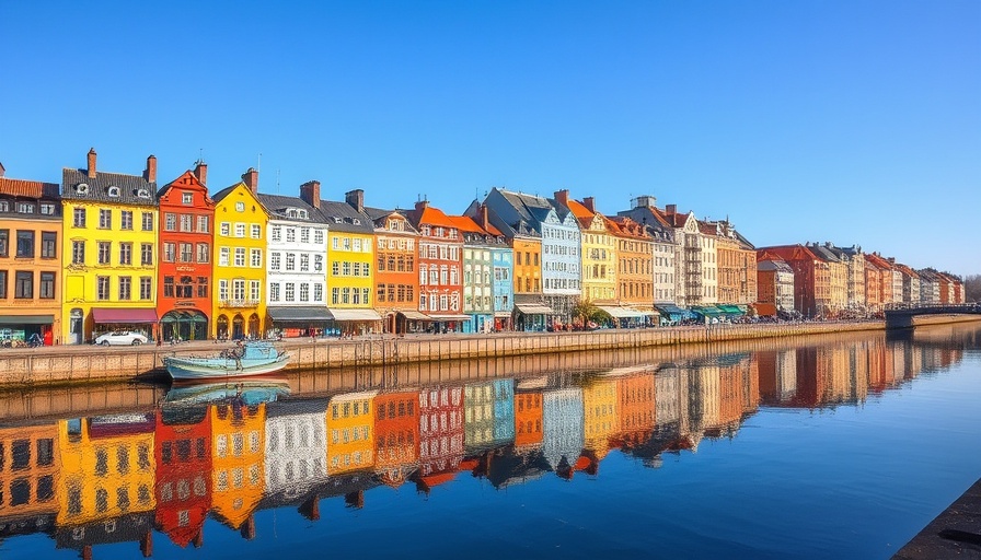 Colorful historic buildings reflecting in the river, sustainable tourism in Bayonne.