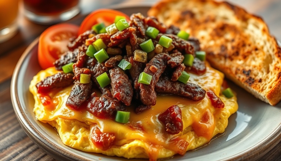 Delicious fusion breakfast with barbecue beef and omelet.