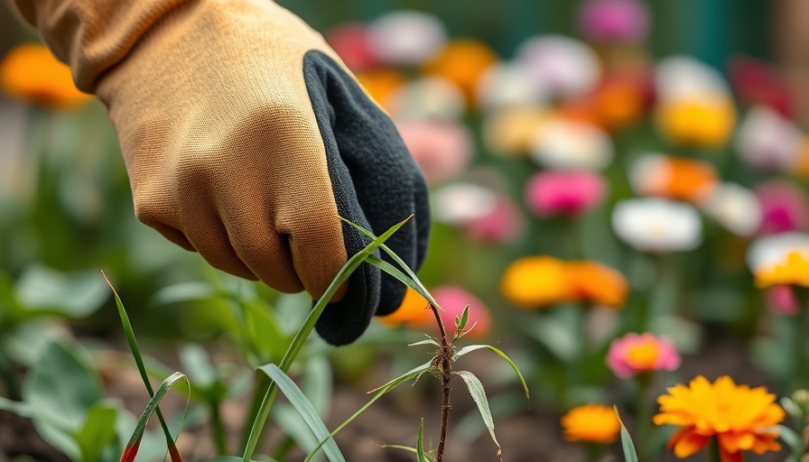 A gloved hand pulling weeds in a sunlit garden for natural weed control.