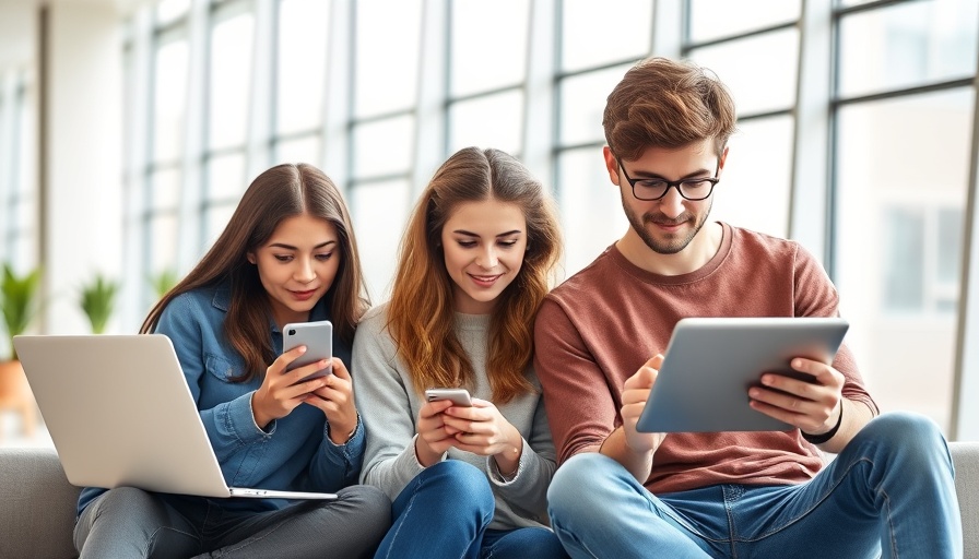 Young adults using technology devices in a modern office setting.