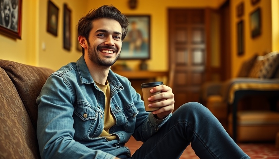 Critically acclaimed chef in the Triangle relaxes with a mug on a yellow couch.