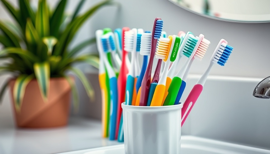 Colorful toothbrushes and toothpaste tube in a cup, recycling focus