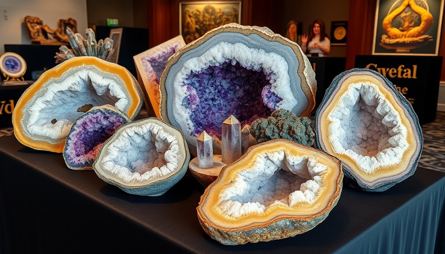 Colorful geodes and crystals at Treasures of the Earth Gem Show.