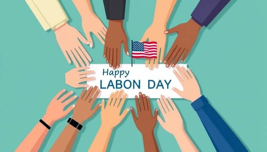 Diverse hands forming circle with 'Happy Labor Day' text for Labor Day Weekend events in the Triangle.