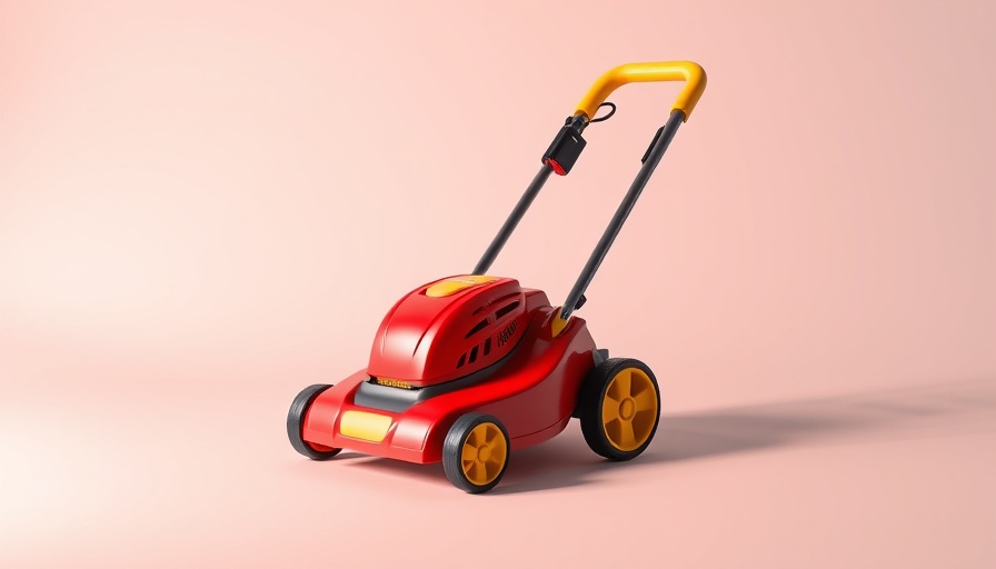 Vibrant red corded electric lawn mower on gradient background.