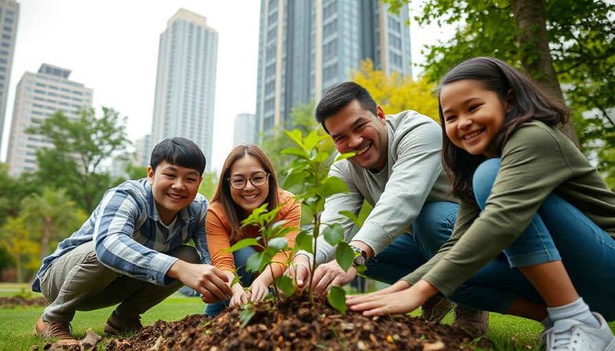 Family planting tree in city park, promoting sustainable funeral options.