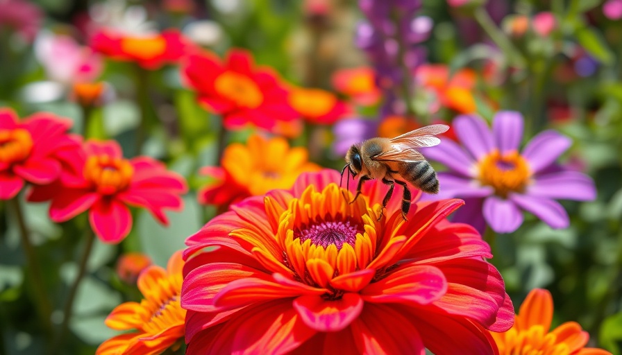 Bee pollinating vibrant flowers in eco-friendly garden, lush greenery.