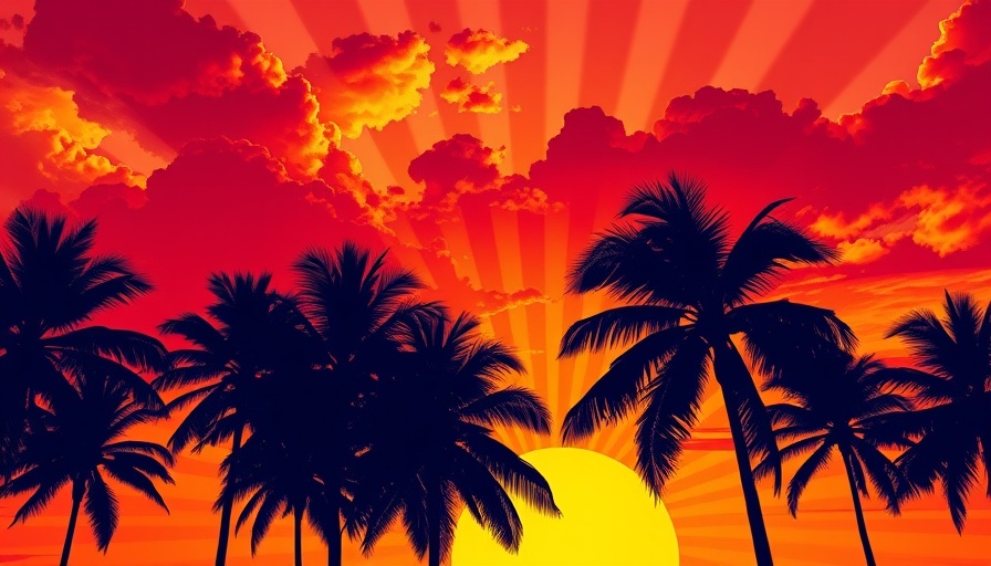 Tropical sunset illustration with palm trees, vibrant cultural festival theme.