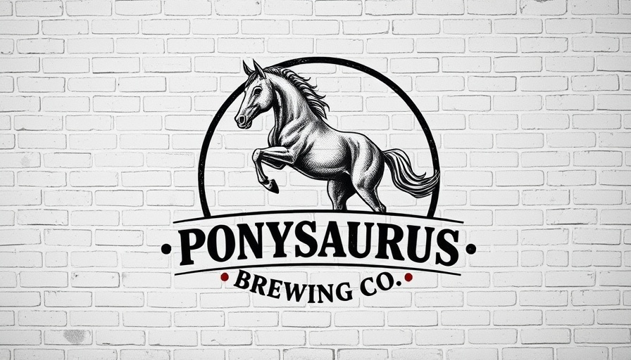 Vintage Ponysaurus Brewing logo on white brick wall.