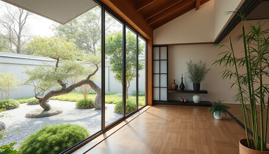 Sustainable home design with large windows and Japanese garden view.