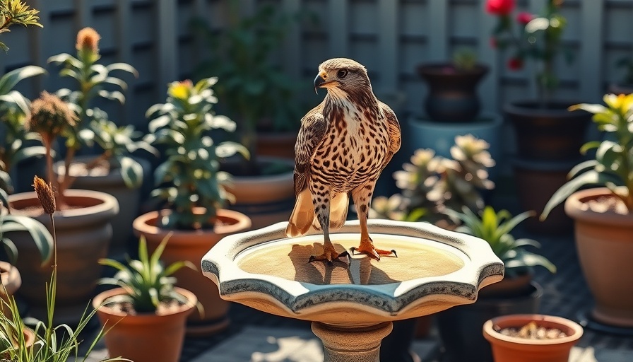Hawk on a bird bath in an eco-friendly garden.