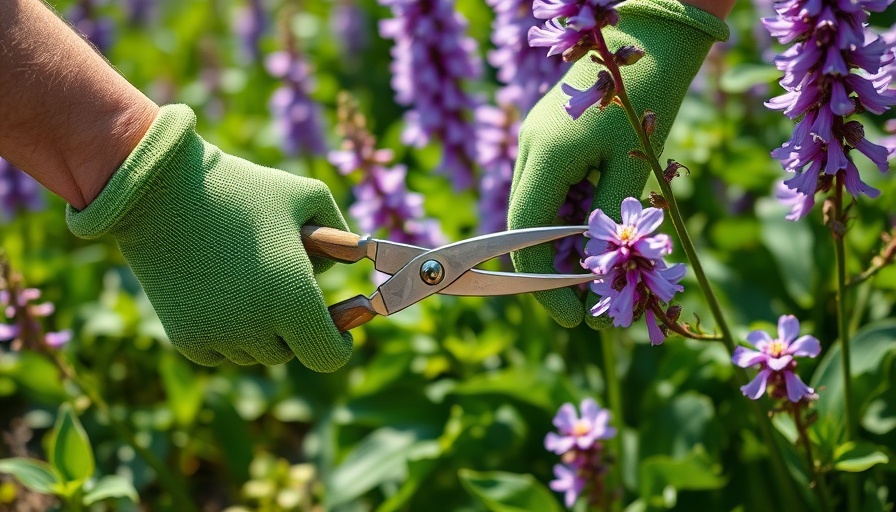 Eco-friendly gardening tools: pruning shears and gloves in a garden.