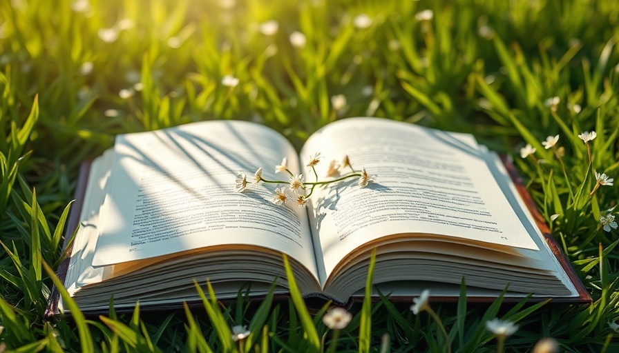 Open book and flowers in eco-friendly garden setting, sunlight.