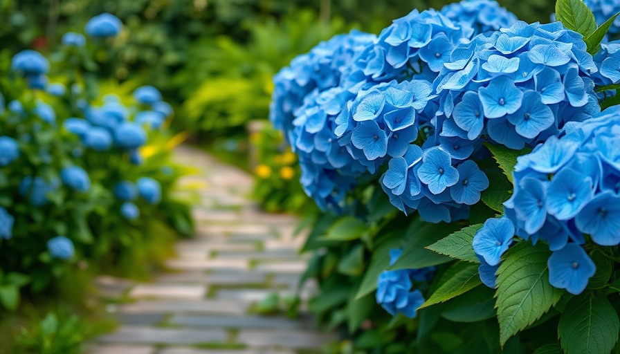 Blue hydrangeas along a stone path, sustainable home design inspiration