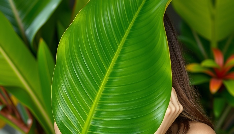 Young woman with a large leaf, promoting vegan beauty products.