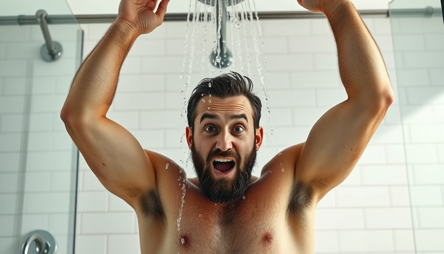 Shocked man in the shower experiencing cold water, related to DIY water heater fixes.