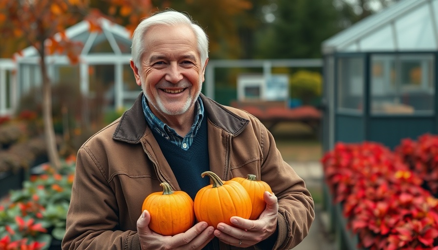 Smiling gardener with pumpkins in autumn garden, sustainable home design inspiration