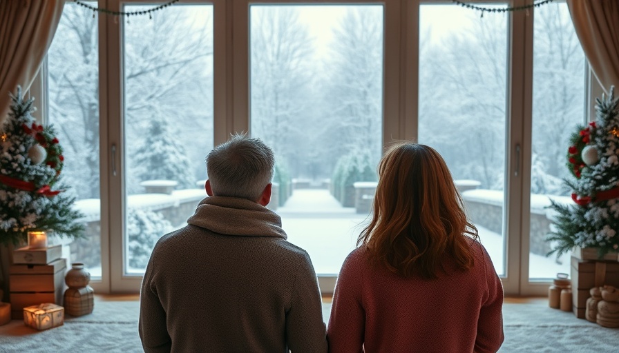 Family viewing snowy landscape from warm indoor space, energy efficiency tips for winter.