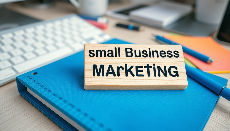 Small Business Marketing Tips sign on blue notebook with keyboard.