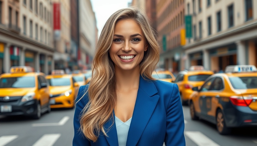 Smiling woman in blue blazer on city street, Ad Tech Leadership in AI.