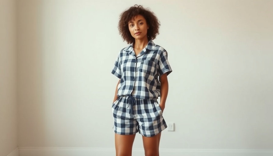 Woman in ethical pyjamas standing casually in a minimalistic setting.