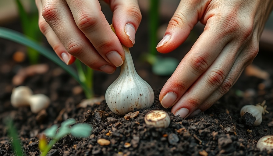 Eco-friendly gardening: hands planting garlic in soil.