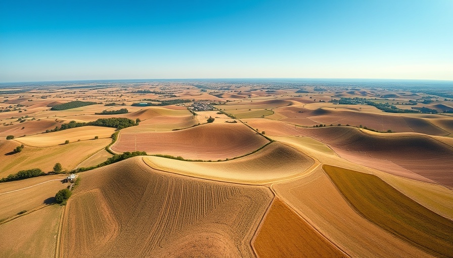 Expansive rural landscape promoting sustainable tourism with rolling hills and fields under a clear blue sky.