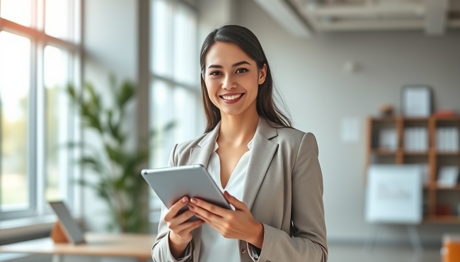 Smiling businesswoman holding tablet in bright office for successful business name search.